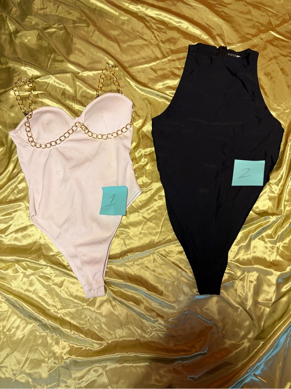 Fashion Nova Pink Chain-Detail Bandeau & Black High-Neck Bodysuit Duo